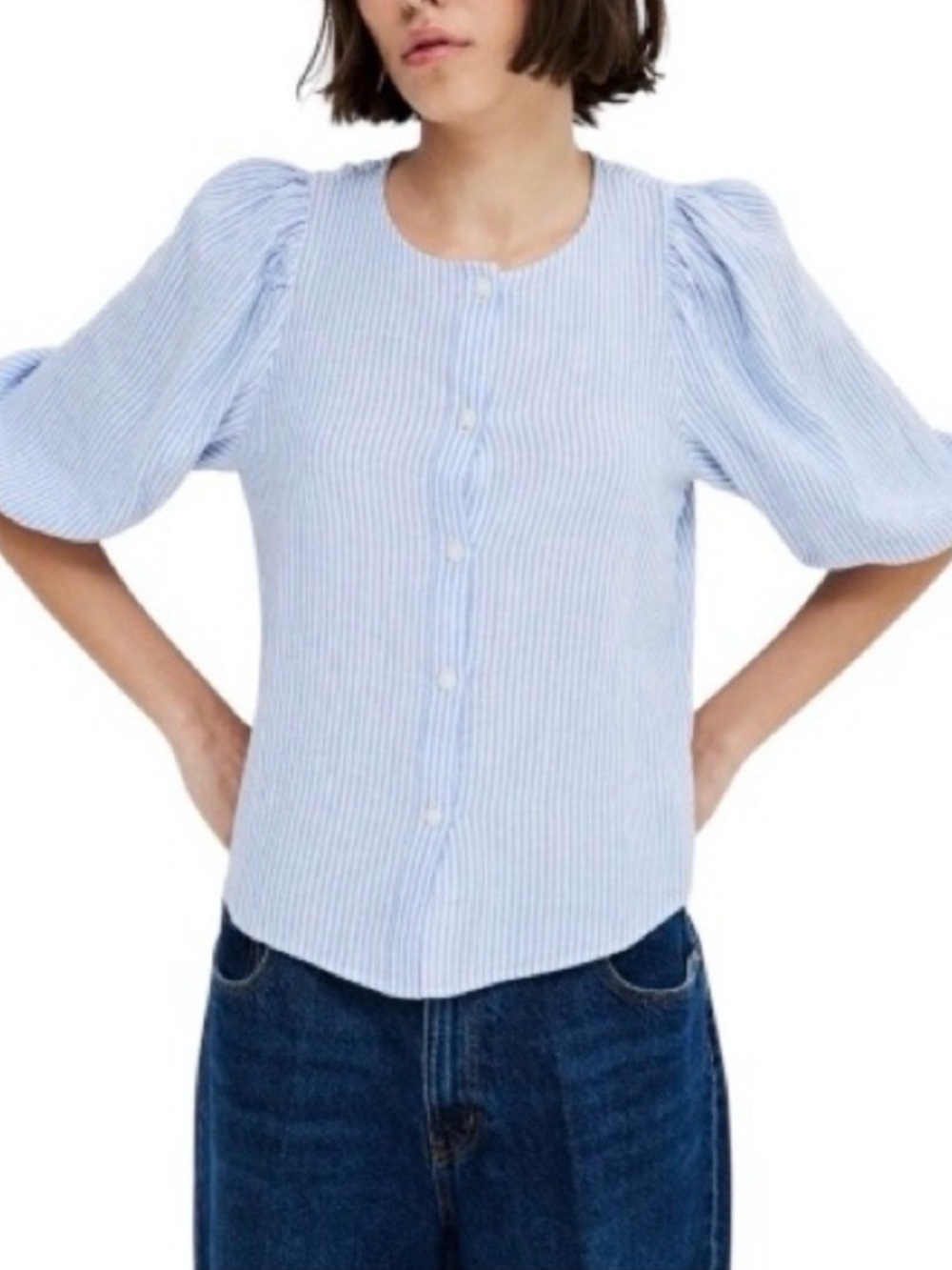 H& M Linen Blend Premium
Selection Blue with White Stripes Puff Sleeve
Blouse
